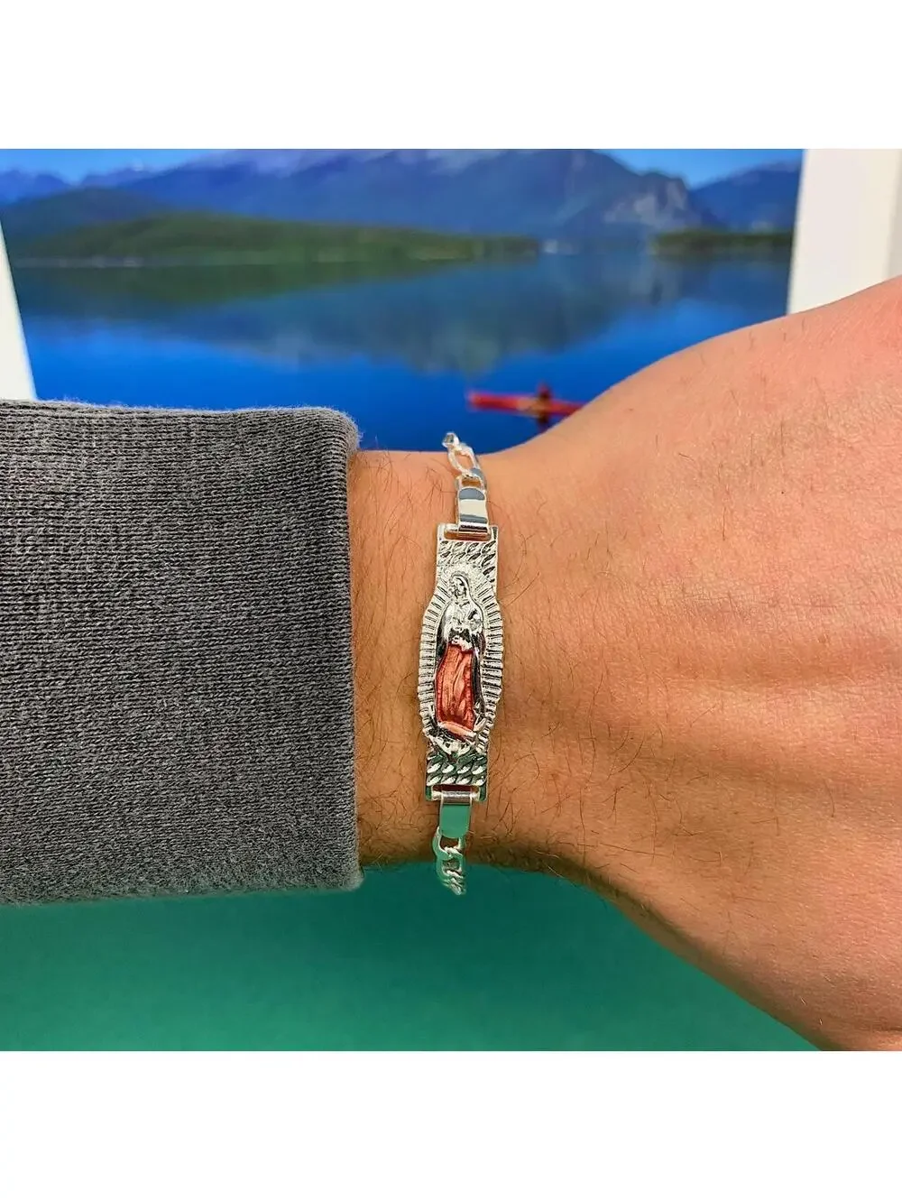 Vintage Y2k Style Silver Saint Marry Cuban Link Figaro Bracelet. Nice quality